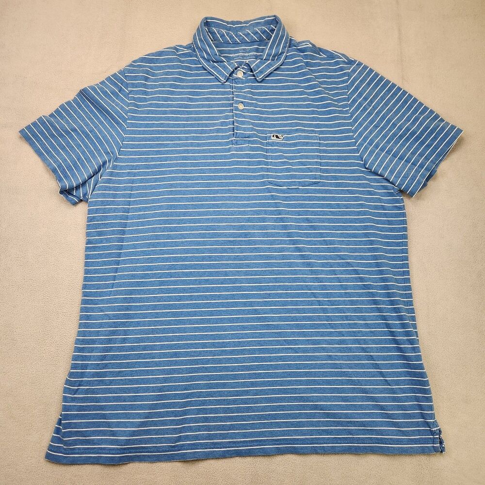 Vineyard Vines Polo Shirt Men's L Blue Striped Short Sleeve Pocket Pima Cotton